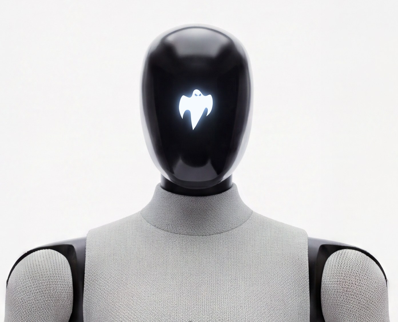GHOST head, glossy black egg-shaped visor with a glowing white ghost emblem centered on the face