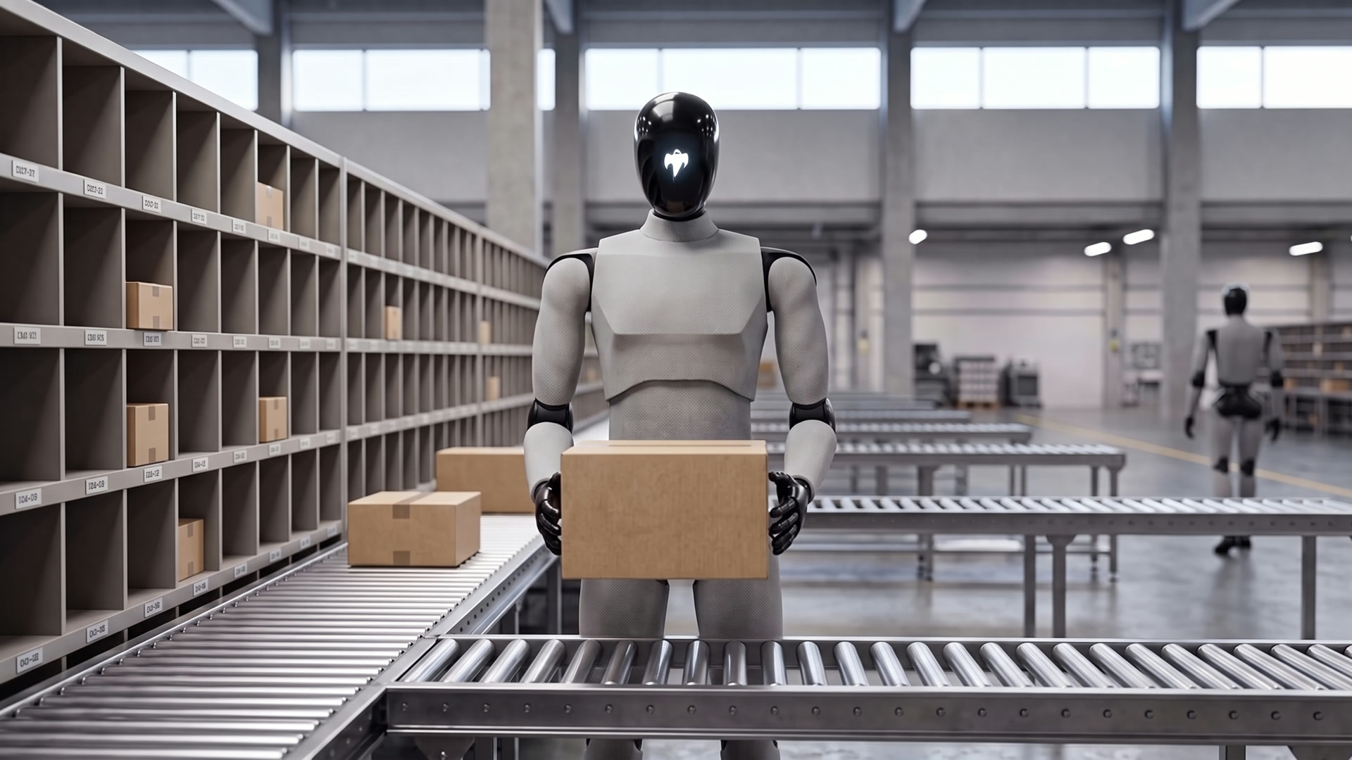 GHOST carrying a parcel between shelving and a conveyor sort line