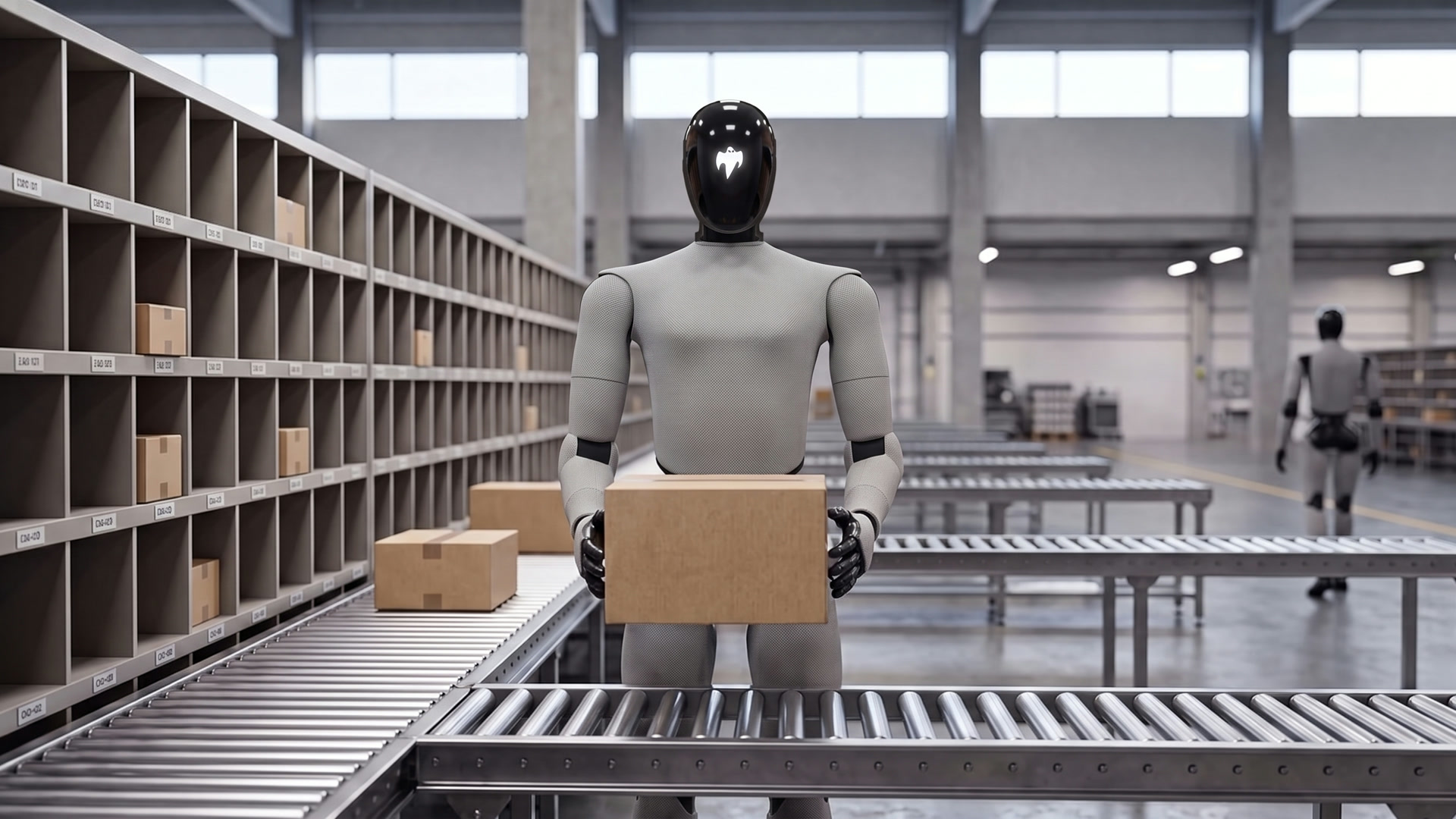 GHOST carrying a parcel between shelving and a conveyor sort line