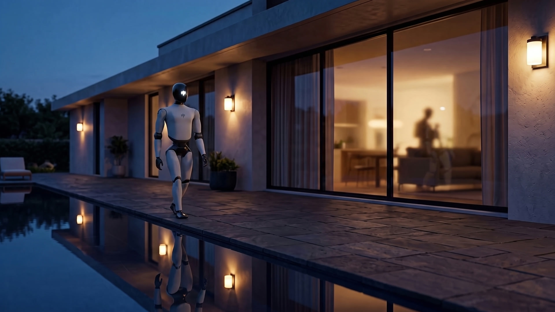 GHOST walking a lit poolside path at dusk outside an occupied home
