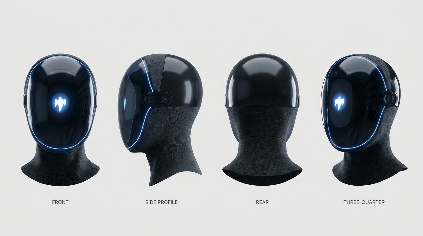 UNIT 01 head orthographic turnaround — four consistent views