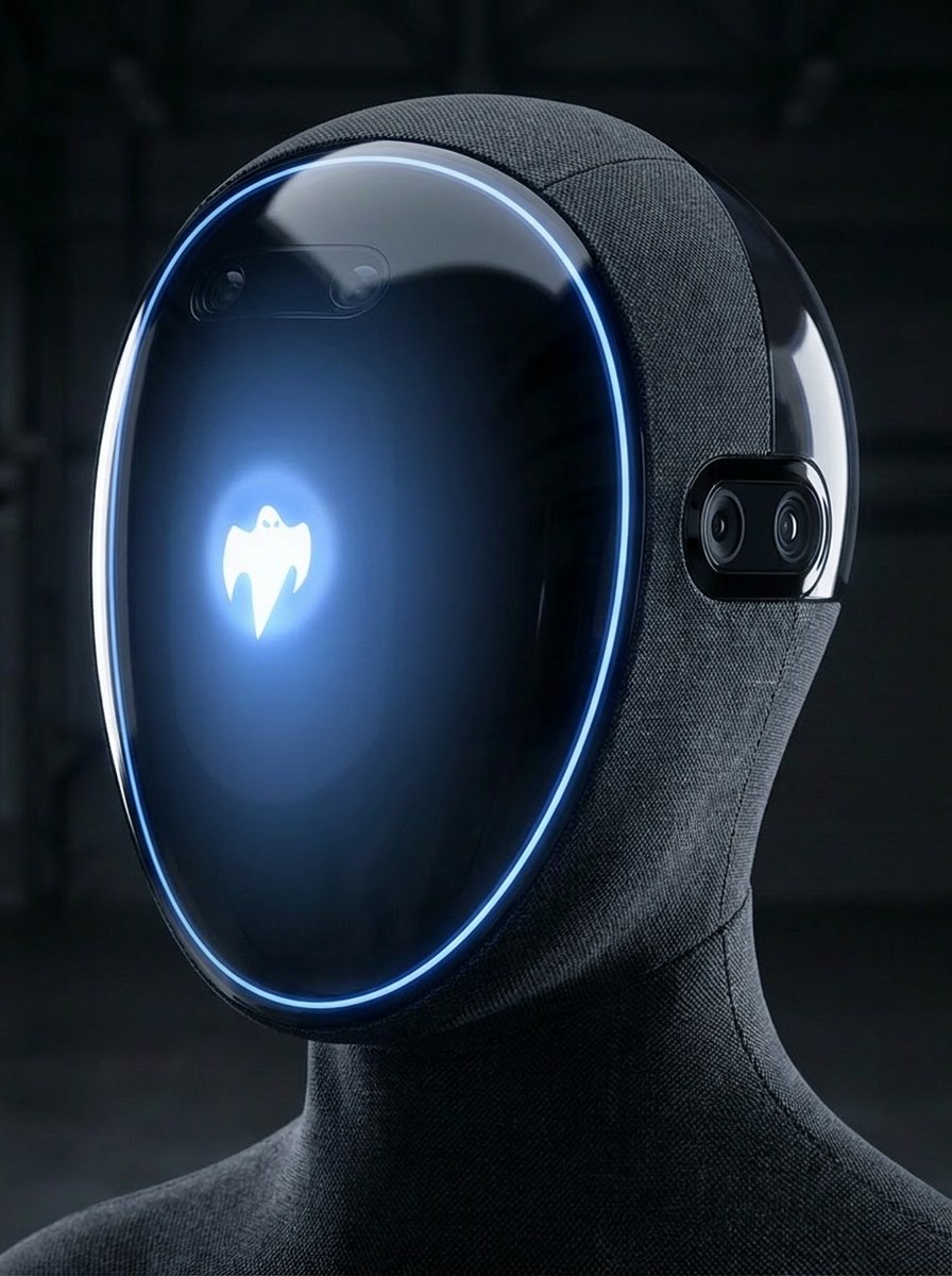 Unit 01 head, three-quarter view: front visor, temple camera window and rear stereo pod wrapped by the blue light rim