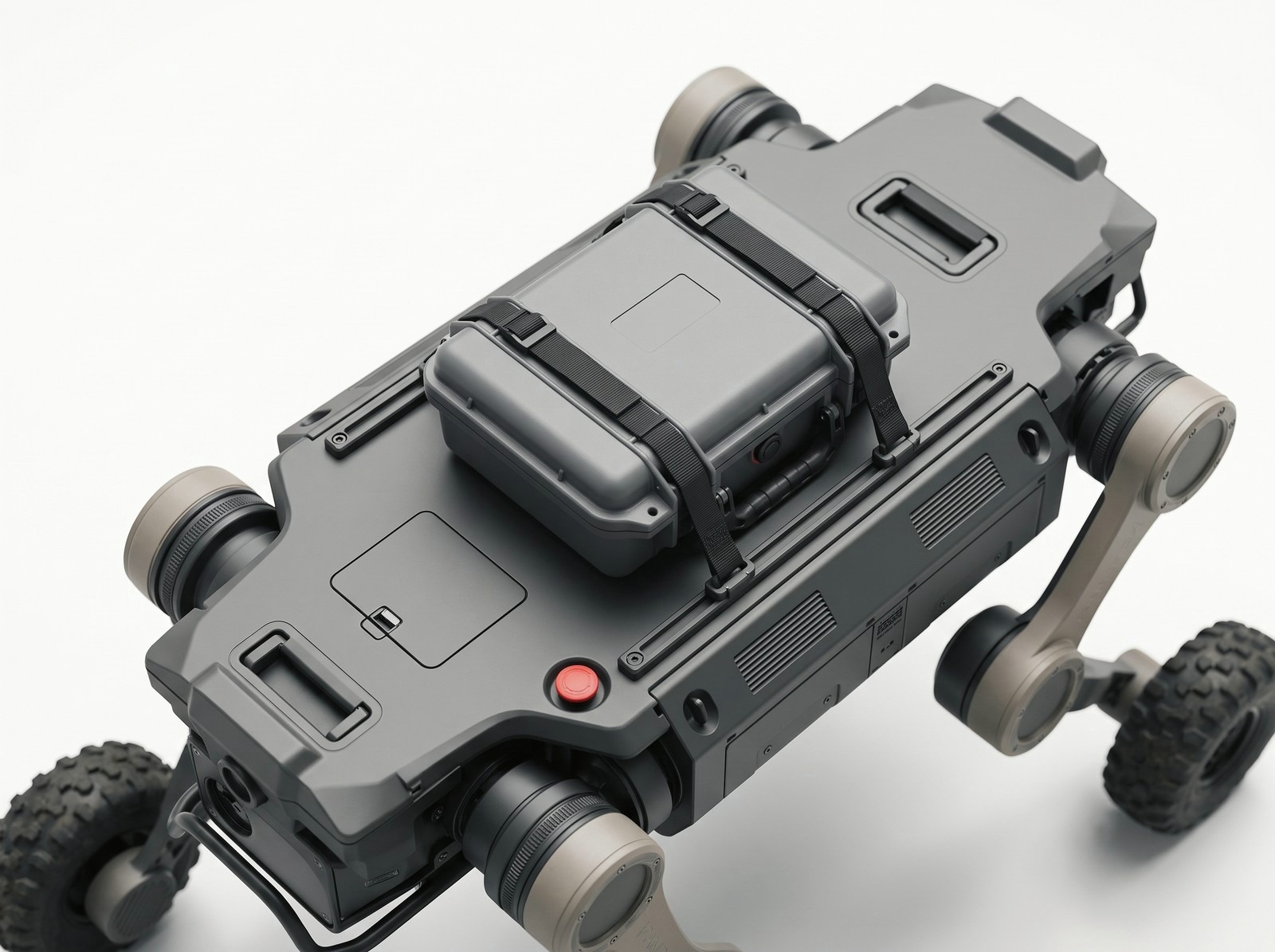 HOUND top deck from above, flat plate with modular tie-down rail, strapped equipment case and red emergency stop