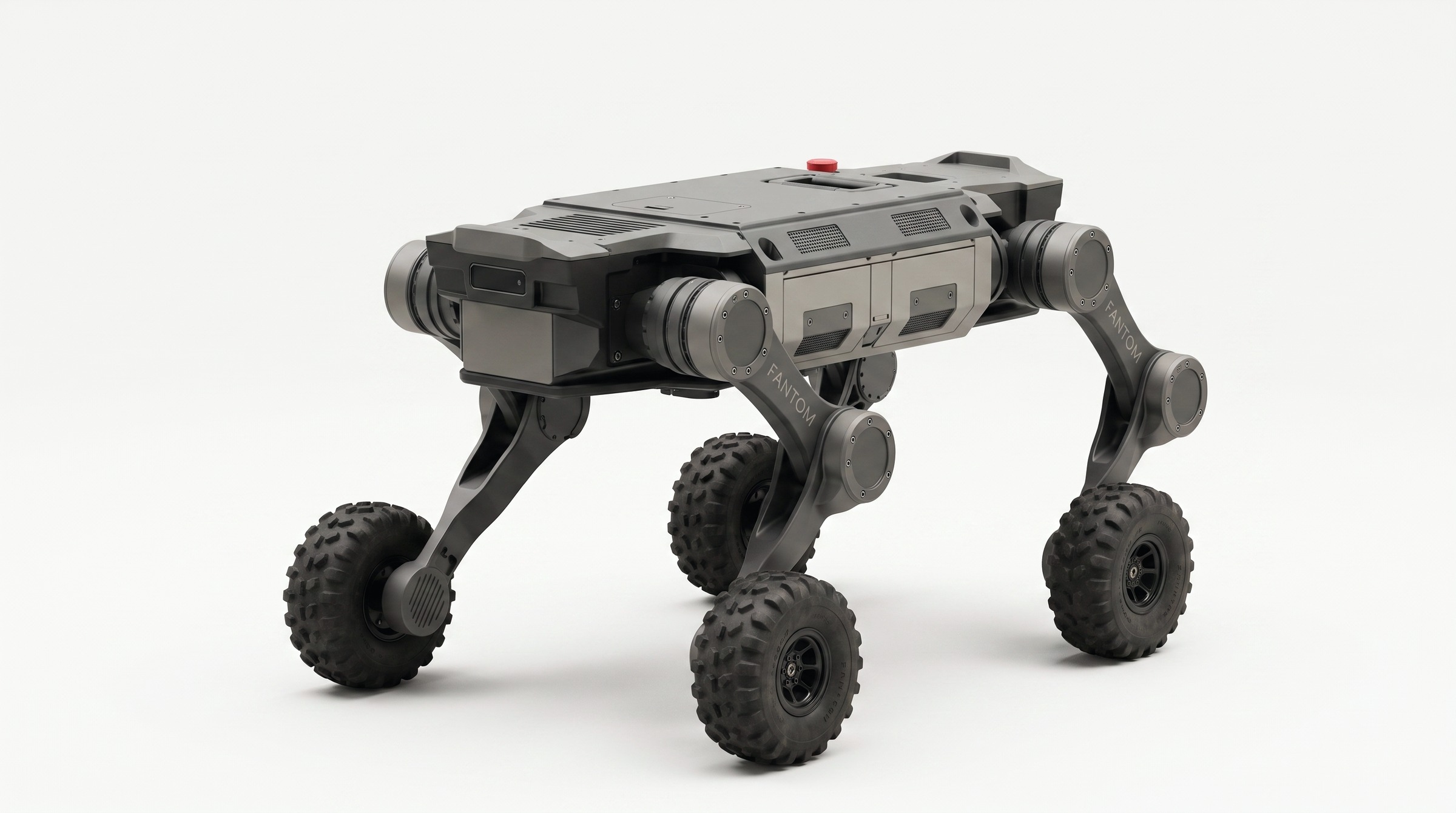 HOUND wheeled-leg quadruped robot, front three-quarter studio view, graphite chassis on four articulated legs, each ending in a knobby off-road wheel