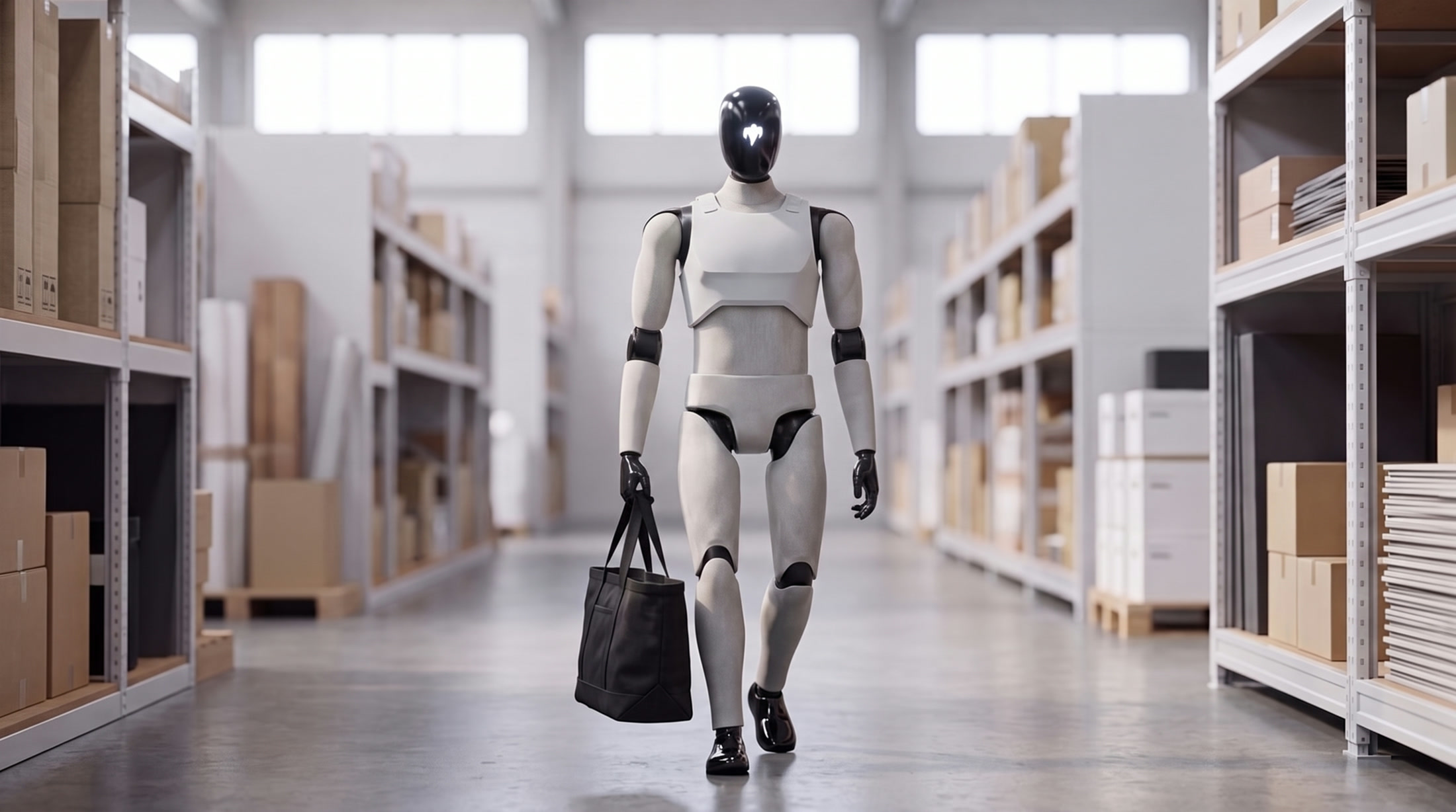 GHOST walking a warehouse aisle carrying a black tote