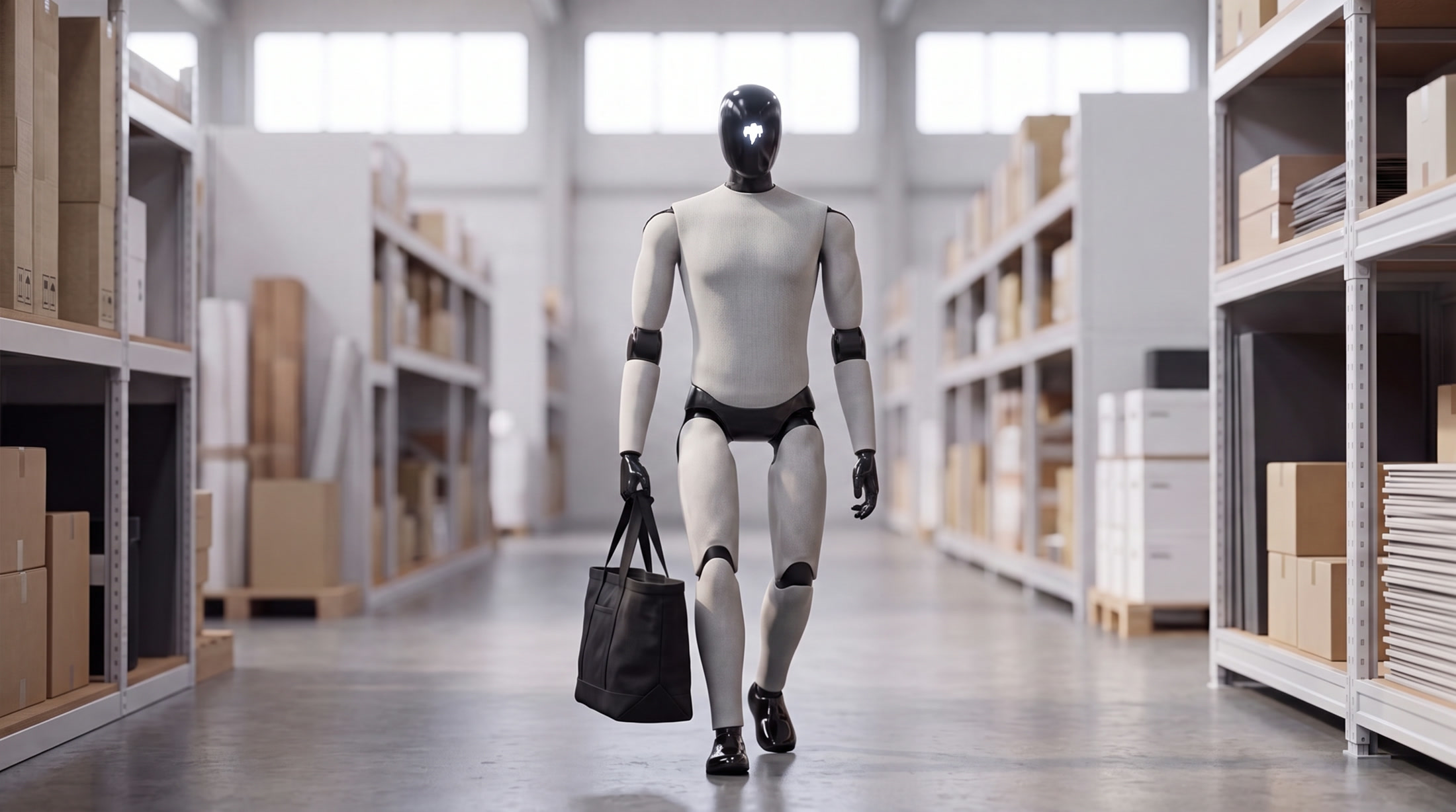 GHOST walking a warehouse aisle carrying a black tote