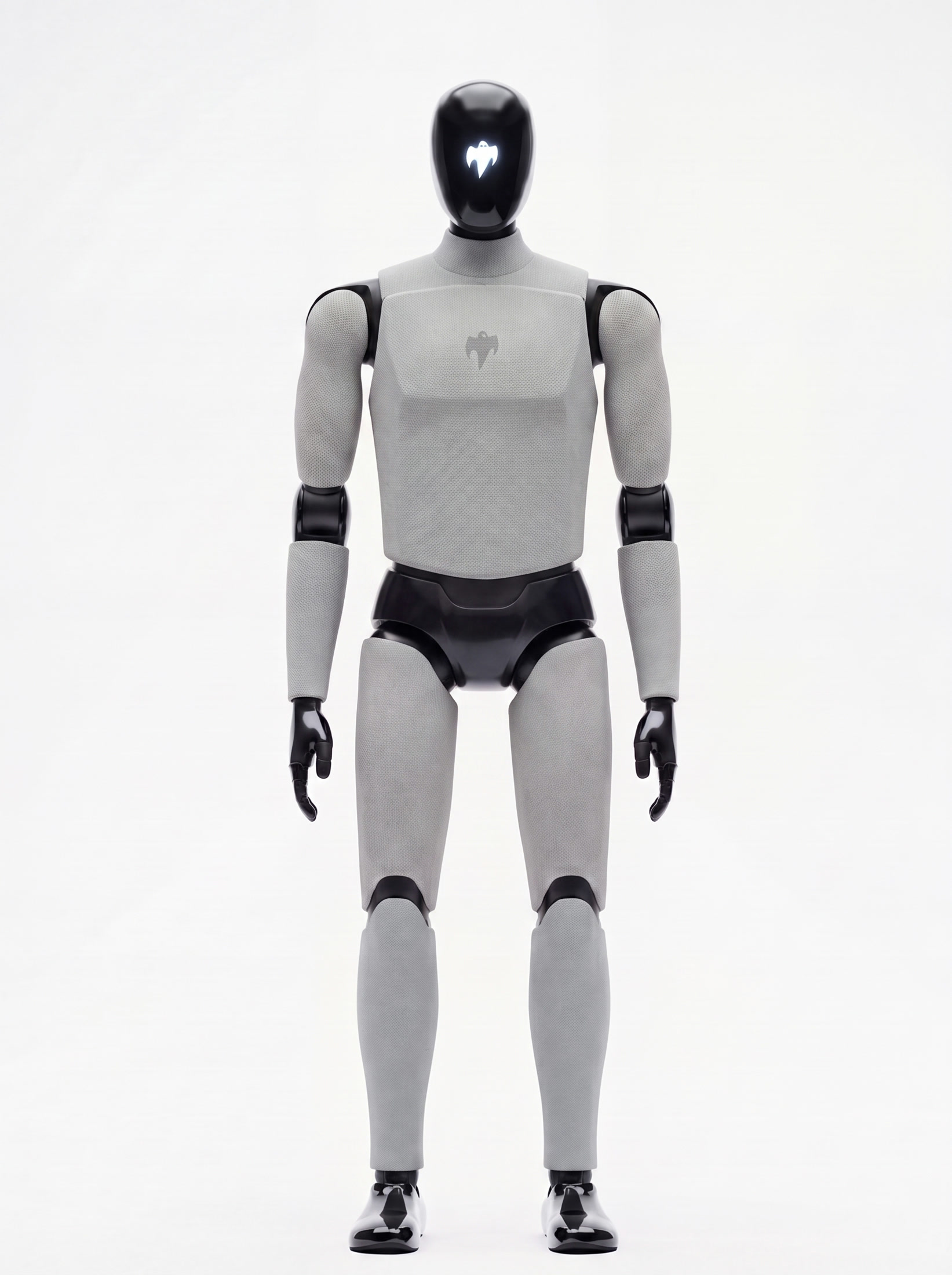 GHOST humanoid robot, full-body front view, grey technical-knit softgoods over black articulated structure, glossy black visor with a glowing ghost emblem