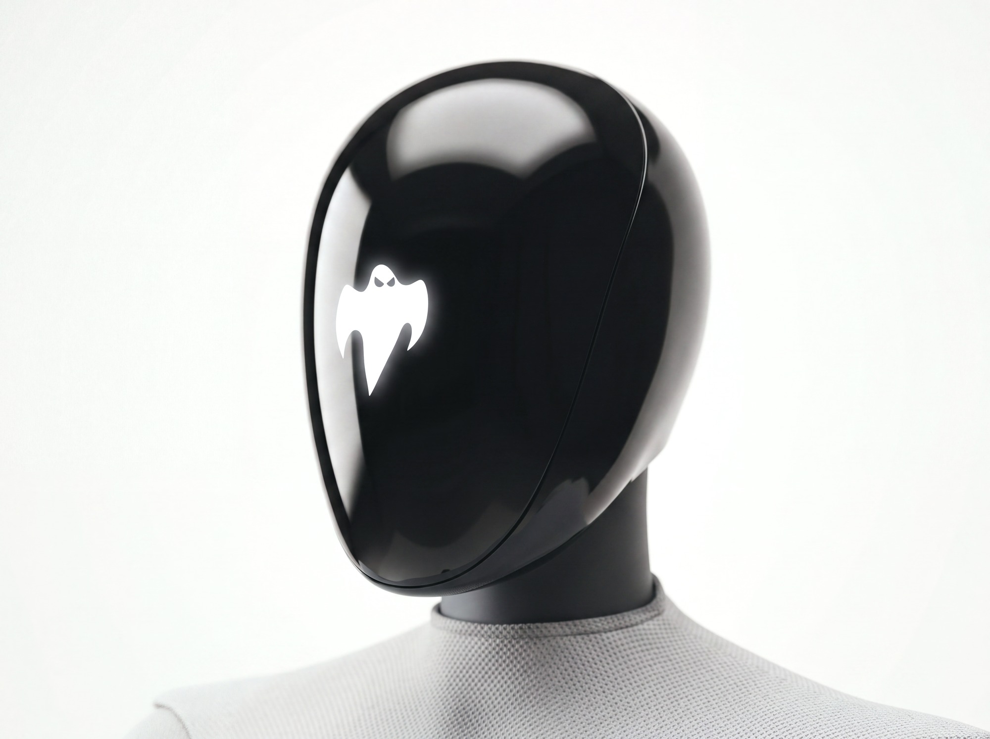 GHOST head in three-quarter view, one continuous glossy black shell wrapping the whole skull
